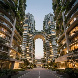 symmetrical, ignite the future, biophilic designed buildings with nature, one point perspective, dramatic lighting, 8 k, hyperrealism