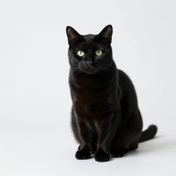 studio photograph of a black cat sitting in a white room|sinister