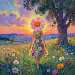 full body girl with giant flower for a face, surreal photography, dream, dress made from the flower field she walks through, hills, big trees, sunrise dramatic light, impressionist painting, colorful clouds, digital painting, pointillism, artstation, simon stalenhag