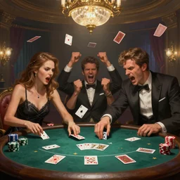 guys yelling, cards flying during a poker match. brawl, fight, angry, intricate, elegant, highly detailed, digital painting, artstation, concept art, sharp focus, illustration, by justin gerard and artgerm, 8 k