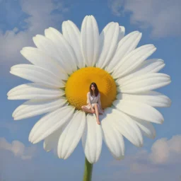 giant daisy flower head, woman sitting, surreal, clouds in sky, impressionist painting, digital painting, artstation, rob gonsalves
