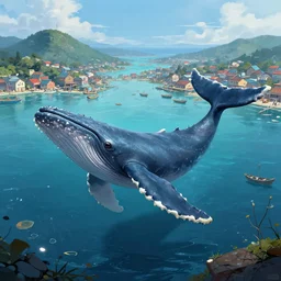 floating whale above fishing village, digital art masterpiece by a legendary fantasy movie concept artist