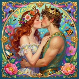 adam and eve, embracing, kissing, vaporwave aesthetic, synthwave, colorful, psychedelic, garden of eden, crown, flowers, bees, butterflies, ribbons, ornate, intricate, digital painting, artstation, concept art, smooth, sharp focus, illustration, art by artgerm and greg rutkowski and alphonse mucha