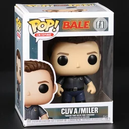 product still of Christian Bale funko pop with box, 85mm f1.8