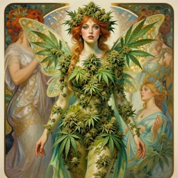 hyper realistic weed fairy, marihuana, cannabis covering her body completely, painted by valerie hammond, tom bagshaw, mucha, gaston bussiere, craig mullins, j. c. leyendecker 8 k