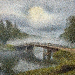 an old bridge and a pond, mist and swirly clouds in the background, fantastic landscape, hyperrealism, no blur, 4k resolution, ultra detailed, style of Anton Fadeev, Ivan Shishkin, John Berkey