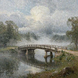 an old bridge and a pond, mist and swirly clouds in the background, fantastic landscape, hyperrealism, no blur, 4k resolution, ultra detailed, style of Anton Fadeev, Ivan Shishkin, John Berkey