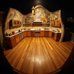 emmo dark, night outdoor, volumetric lighting, top light, fisheye, antoni gaudi, curved perspective, naive, extra narrow, wooden texture, kitchen, large floor, by rhads, goya painting, warm tones