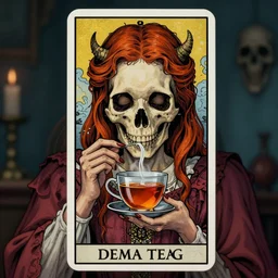 Alice drinking tea,death tarot card,highly detailed,half skull face,cinematic,8k,by Stanley Artgermm,Tom Bagshaw,Greg Rutkowski,Carne Griffiths, Ayami Kojima, Beksinski, Giger,trending on DeviantArt,hyper detailed,horror, full of colour