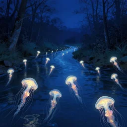 glowing jellyfish immigration down a river, evocative, mystical night, detailed, award winning, trending on artstatioon artwork by Thomas Kinkade,