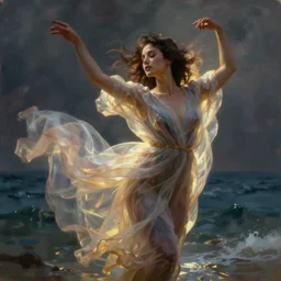 painting of a beautiful woman with her translucent dress blowing in the wind while she dances in the ocean, wide hips, detailed face, by kilian eng, background by nicolas delort, surreal, dramatic lighting