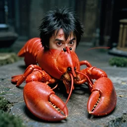 an award winning analog photograph of a funny magical lobster looking like harry potter, with a scar on its forehead and black hair