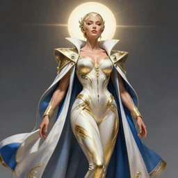 detailed beautiful noun in opened white gold blue coat, seductive confident pose, steroid body, very defined and vascular, attractive feminine curves, intricate details, futuristic, alien, elegant cape, elegant, photorealism, trending on artstation, holy halo, advanced technology, art by moebius and vitaly bulgarov and chanthara