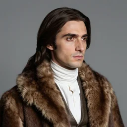 portrait of a man with smooth, long, dark brown hair in a white shirt under a 1 9 th century fur coat, looking to the right