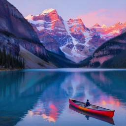 lake louise panaroma at dawn neon water striated mountains colorful canoes detailed luminescent oil painting 4 k