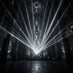 a dark under water cathedral, black and white, lasers all over the scene, strobe lights, winter, dark scenery, dark lighting, cinematic, cold freezing nights, laser lights, crybernetic, top floor boss shit, destroy lonely, black floor, lavish, luxurious, marble walls, cinematic, hyper realism, high detail, octane render, 8 k