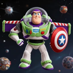 a photorealistic photograph of a knitted Buzz Lightyear with Captain America shield flying through outer space Trending on Artstation, featured on Behance, well-rendered, Unreal Engine, 4K HD