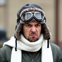 headshot of john belushi wearing a russian trapper soviet ushanka bomber hat knitted leather earflap fur lined winter cap and aviator goggles, he is also wearing an a 2 flight jacket, a long white scarf is wrapped around his neck, he has a 5 o'clock shadow, a crazed angry look on his face