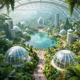 ecological martian city inside a glass dome with huge lake with crowded paths, white glass domes near it, green lush vegetation, hyperdetailed, artstation, cgsociety, 8 k