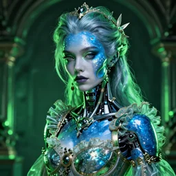 hyperrealistic ultra detailed rococo cyborg woman with pearlescent blue skin wayne barlowe very dramatic green neon lighting on one side wide angle 35mm shallow depth of field 8k