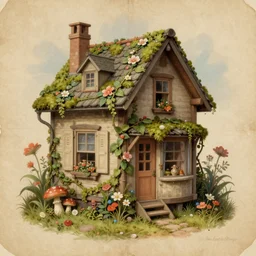 retro airbrush detailed ( ( ( ( ( 1 9 5 0 s retro hobot house flower with vines, moss and mushrooms. with old paper background ) ) ) ) ) by jean - baptiste monge,!!!!!!!!!!!!!!!!!!!!!!!!!!!!!