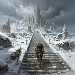 i climbing the seven thousand steps to high hrothgar, skyrim. volumetric lighting, summer, winter, snowy weather, dark overcast, realistic illustration, perfectly shaded, soft painting, ( floating light particles ) art by krenz cushart and wenjun lin