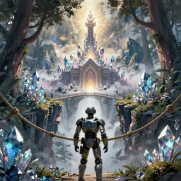 A comic book cover of an android soldier with back to the camera, in a forest made of crystal and gemstone, looking across a vast chasm and old rope bridge. On the mountain facing him is a temple made of shards of crystal with a tower glowing in the fog