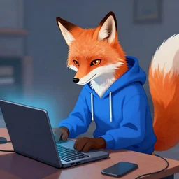 an anime art of anthropomorphic fox in a blue hoodie hacking a portable computer, artstation, digital art, oc commission, style by riot team, high detailed, stylised