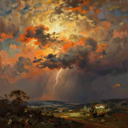 a beautiful painting of epic skycape with thunder clouds and storm over a moody landscape by albert bierstadt and joseph zbukvic, moody color scheme, high detail, trending on artstation, orange - - 1, yellow - - 1