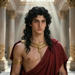 portrait, cute young orphic dionysus, androgynous, chtonic god, dark red greek robe, long black hair, ancient greek palace, very detailed, ornate, gold jewelry, character illustration, crepuscular rays, soft lighting, octane render, greg rutkowski, alphonse mucha, sung choi, 8 k