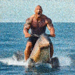 photo of Dwayne Johnson yelling and riding a sark in the middle of the ocean, full shot, highly detailed face