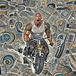 photo of Dwayne Johnson yelling and riding a sark in the middle of the ocean, full shot, highly detailed face