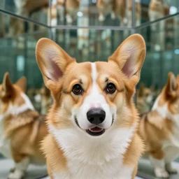 extreme closeup of corgi in a hall of mirrors, 4k, DSLR photo, architectural photography