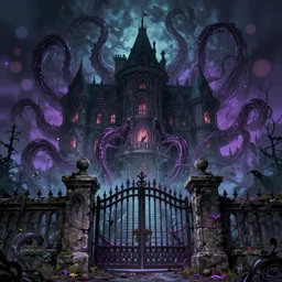 stone fence with creepy gates, mansion as evil creature in style of mansion o madness wallpaper, arkham horror, tentacles, evil fluid, dramatic, heroic, fear, insane, terrific, insane, lovecraft illustration, particles, by asher brown durand, by yoshitaka amano, fantasy digital art, colorfull, bokeh effect