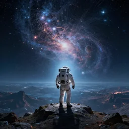 a lonely astronaut overlooking at an amazing alien landscape with stars, digital art, breathtaking, light particles, extremely detailed, establishing shot, hyperrealistic, dynamic lighting, particles, unreal engine, simon stålenhag, rendered by Beeple, Makoto Shinkai, syd meade, simon stålenhag, Ruan Jia, Kentaro Miura, environment concept, trending on artstation, octane render, 4K UHD image
