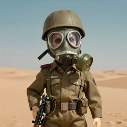 portrait of doll wearing gas mask, soldier uniform, holding rifle, standing in desert, artwork by mark ryden, large head, creepy, breathtaking, 8 k resolution, extremely detailed, beautiful
