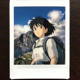 low angle view ( polaroid ) film still portrait of a 1 9 5 0's adventurer hiker girl atop a big mountain, finely detailed features, perfect art, water, sun, gapmoe yandere grimdark, trending on pixiv fanbox, painted by greg rutkowski makoto shinkai takashi takeuchi studio ghibli, akihiko yoshida, render man