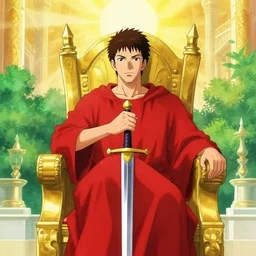 modern self portrait of man sitting on throne, legs crossed, while holding a sword, white man, hispanic, brown hair, light skin, golden throne, sharp, marker, red robes, 8 k, hi - rez, circles, lamented, clear, brown eyes, colored, green plants and golden background, sun in the sky, palace scenery, sharp, drawn by yoji shinkawa