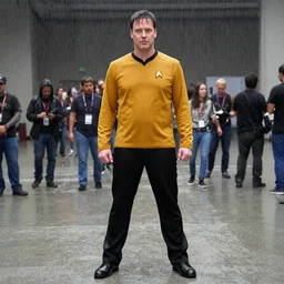 dwight schrute cosplaying as a star trek klingon, full length, wide angle, flash photography, dragoncon, ultra realism, photorealistic, shallow depth of field, rainn wilson, the office
