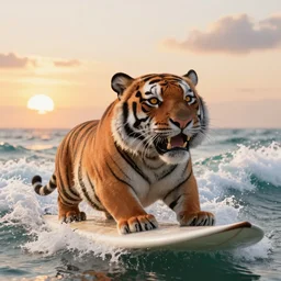 a closeup photorealistic photograph of a happy cute tiger hippopotamus riding a large wave during sunset. surf in the background. professional capture. brightly lit scene. this 4 k hd image is trending on artstation, featured on behance, well - rendered, extra crisp, features intricate detail, epic composition and the style of unreal engine.