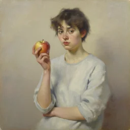 a human posing while holding an apple, oil on canvas