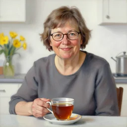 portrait of a beautiful finnish middle aged woman sitting in a table with a hot cup of tea, small wide smile, mandel eyes, glasses, small plump lips, oval face, wrinkled big cheeks, brown and grey short hair, calming white background of a kitchen with yellow flowers, cheerful colours, oil painting, sharp focus, artstyle of michelangelo