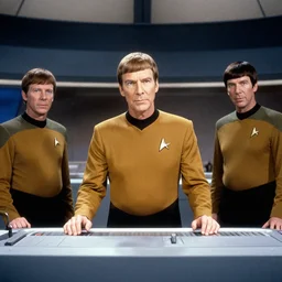 a screencap of captain kirk, mr. spock and doctor mccoy on the bridge of the enterprise, in star trek the original series
