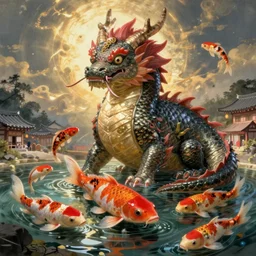 game character beautiful giant huge kaiju sized pond dragon half fish half salamander, sea dragon, wet amphibious skin, red salamander, axolotl creature, koi pond, korean village by Ruan Jia and Gil Elvgren, fullbody
