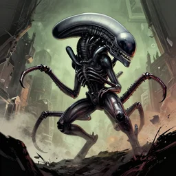 wide angle of ripley embracing a xenomorph in the style of J. O'Barr