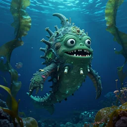detailed, ornate, funny sea monster, creature by maurice sendak, shaun tan, made in hyperrealistic 3 d, octane render, dark green colours, nighttime, floating to the surface of a deep blue ocean with sea kelp, the ocean is glowing and effervescent