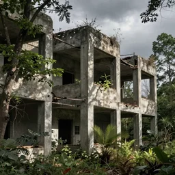 Abandoned concrete building with plants and trees, overcast