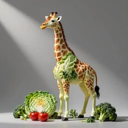 a sculpture of a giraffe created with cabbages and tomatoes and broccoli