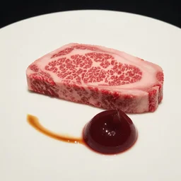 gourmet food photography wagyu beef with stewed plum puree. beautifully presented. top chef. delicious.