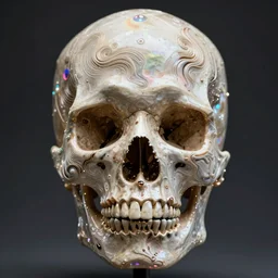 a human skull, melting. intricate abstract. intricate artwork. by Tooth Wu, wlop, beeple, dan mumford. octane render, trending on artstation, greg rutkowski, coherent, symmetrical artwork. cinematic, hyper realism, high detail, octane render, 8k, depth of field, bokeh. iridescent accents